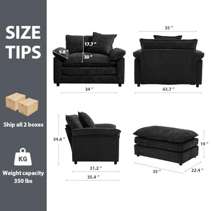 Modern Oversized Chair, Comfy Chenille Accent Chair Large Upholstered Armchair with Extra Thick and Deep Seat Lounge Chair for Living Room,Bedroom,Apartment (Black)