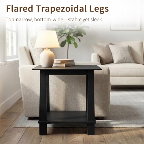2-Tier End Table, Small Side Table Living Room with Solid Wood Legs, Nightstand with Open Space Square Bedside Table for Bedroom, Black