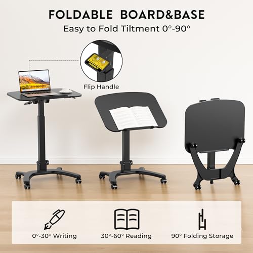 Mobile Foldable Standing Desk, Portable Adjustable Height Desk with Gas Spring, Small Rolling Laptop Desk with Wheels for Home, Office, Bedroom, and Medical Use, 25.6" x 19.7" Desktop, Black