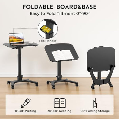 Mobile Foldable Standing Desk, Portable Adjustable Height Desk with Gas Spring, Small Rolling Laptop Desk with Wheels for Home, Office, Bedroom, and Medical Use, 25.6" x 19.7" Desktop, Black