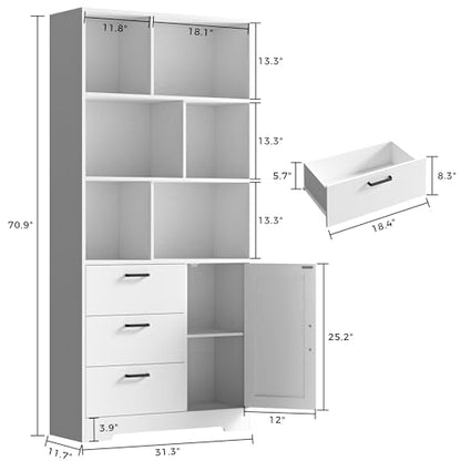 70.9-Inch Bookcase with Doors and 3 Drawers, White, view 4
