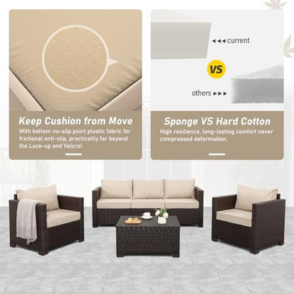 6 Pieces Patio Outdoor Furniture Outdoor Conversation Sets Wicker Sofa Set with Outdoor Couch Patio Chairs Storage Coffee Table Khaki Cushions Waterproof Covers