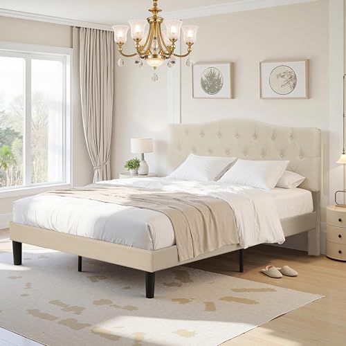 Queen Size Platform Bed Frame with Fabric Upholstered Headboard and Wooden, view 5