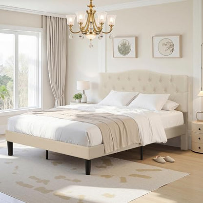 Queen Size Platform Bed Frame with Fabric Upholstered Headboard and Wooden, view 5