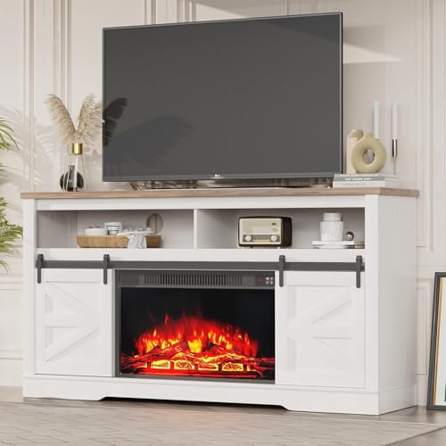 Farmhouse Fireplace TV Stand for TVs up to 65+ Inch, Rustic White, view 4