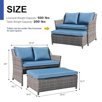 2-Piece Outdoor Patio Furniture Wicker Love-seat and Coffee Table Set, with Built-in Storage Bin, Grey Rattan, Navy Blue Cushions