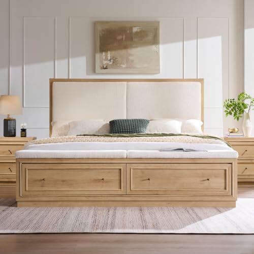 King Bed Frame w/Upholstered Headboard,Storage Bench,Natural Oak, view 4