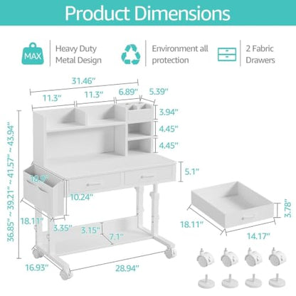 White Kids Desk with Hutch, Height Adjustable 32" Small Study Table, view 4