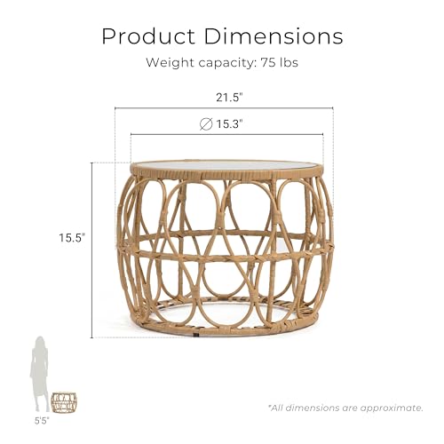 Furniture of America Ysar Boho Rattan Round Coffee Table Outdoor with 5mm Tempered Glass Top, All-Weather and Rust Resistant Patio Furniture