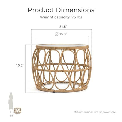 Furniture of America Ysar Boho Rattan Round Coffee Table Outdoor with 5mm Tempered Glass Top, All-Weather and Rust Resistant Patio Furniture