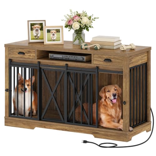 63" Double Dog Crate TV Stand with Charging Station for 2 Dogs, view 2