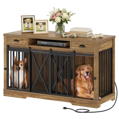 63" Double Dog Crate TV Stand with Charging Station for 2 Dogs, view 2