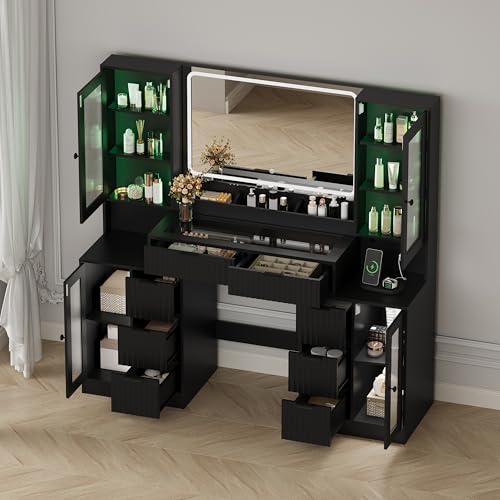Fluted Makeup Vanity Desk with Mirror and Lights, view 7