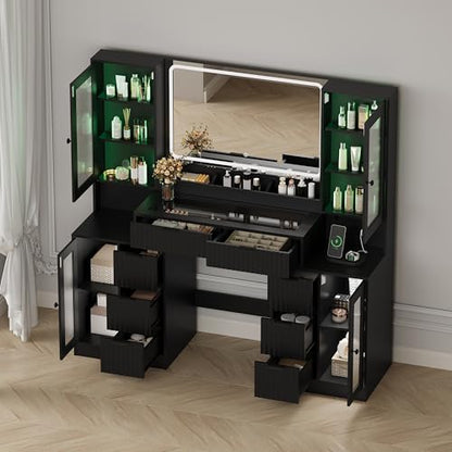 Fluted Makeup Vanity Desk with Mirror and Lights, view 7