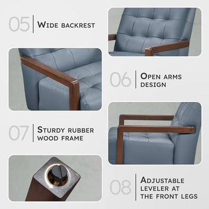 Modern Accent Chair, Luxury Genuine Leather Match Living Room Chair with Tufted Cushions, Solid Wood Frame and Arm Rest, Comfy Upholstered Single Seat for Bedroom/Reading/Office, Blue