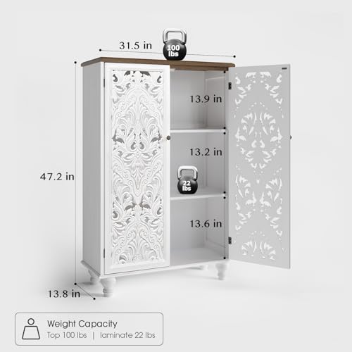 47" Tall Accent Cabinet with Carved Doors & Storage for Living Room | Vertical Storage, Carved Floral Design, Mandala White Buffet, Boho/Farmhouse/Rustic Style, Adjustable Shelves, Easy Assembly