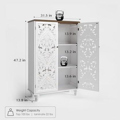 47" Tall Accent Cabinet with Carved Doors & Storage for Living Room | Vertical Storage, Carved Floral Design, Mandala White Buffet, Boho/Farmhouse/Rustic Style, Adjustable Shelves, Easy Assembly