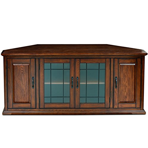 Riley Corner TV Stand 60 in, Burnished Oak, Solid Wood, Beveled Tempered Glass, Blackened Hardware, Adjustable Shelf, Easy Assembly, 56 in L x 20 in W x 25 in H, Item 80386