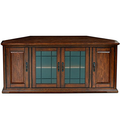 Riley Corner TV Stand 60 in, Burnished Oak, Solid Wood, Beveled Tempered Glass, Blackened Hardware, Adjustable Shelf, Easy Assembly, 56 in L x 20 in W x 25 in H, Item 80386