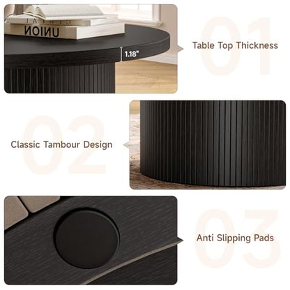 31.5" Round Coffee Table, Tambour Design Coffee Tables for Living Room, Mid Century Modern Wood Coffee Table, Drum Accent Small Center Table, Black