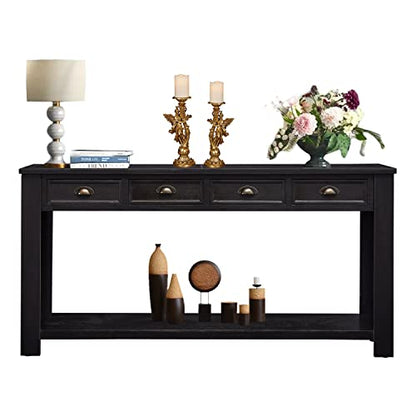 Long Sofa Table - Black 60 Inch Console Tables for Living Room, Hallway Table with 4 Drawers, Modern Wood Entryway Table with Storge Shelf