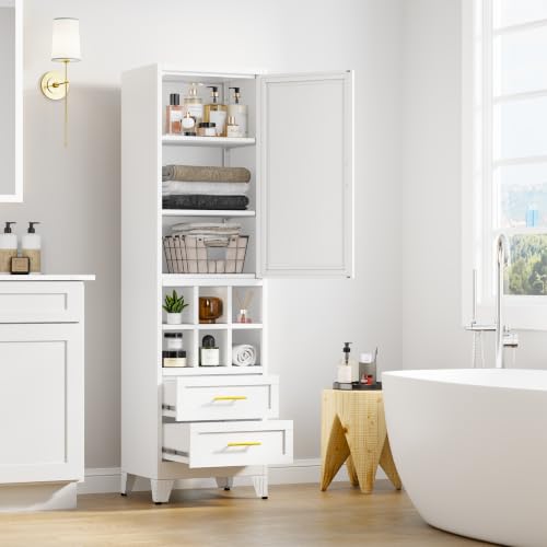 Freestanding white pantry cabinet with golden handles, modern display features, view 7