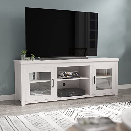 Sheffield Engineered Wood TV Stand for 80" TVs, Media Console/TV Cabinet with 3 Adjustable Shelves and Glass Doors, White Wash Finish