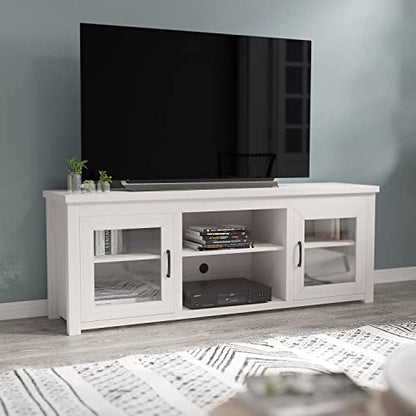 Sheffield Engineered Wood TV Stand for 80" TVs, Media Console/TV Cabinet with 3 Adjustable Shelves and Glass Doors, White Wash Finish