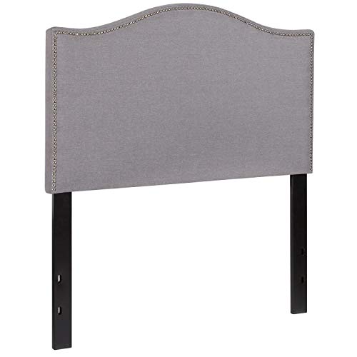 Upholstered Twin Size Headboard with Nailtrim in Light Gray Fabric
