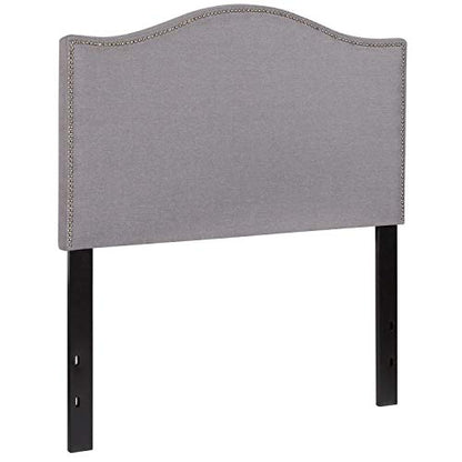Upholstered Twin Size Headboard with Nailtrim in Light Gray Fabric