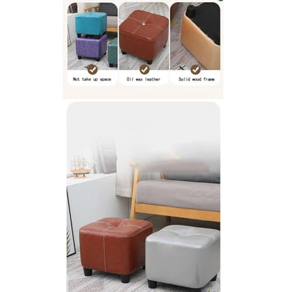 Square Foot Stool Upholstered in Oil Wax Leather with Soft Cushion and Anti Slip Design Easy to Clean and Ideal for Shoe Changing Beige Color 35CM Height Modern Footrest