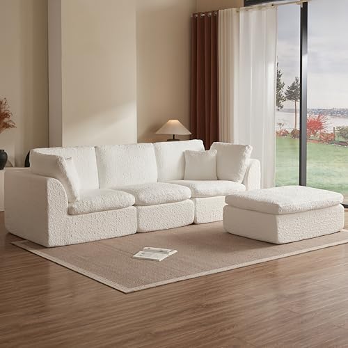 110" Cloud Sectional Couches for Living Room, Convertible L Shape Couch with Ottoman, 3 Seater Modular Sectional Sofa, Warm White