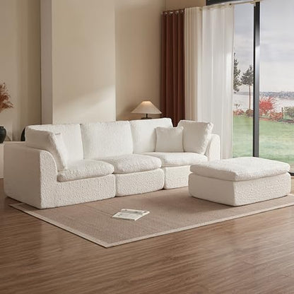 110" Cloud Sectional Couches for Living Room, Convertible L Shape Couch with Ottoman, 3 Seater Modular Sectional Sofa, Warm White