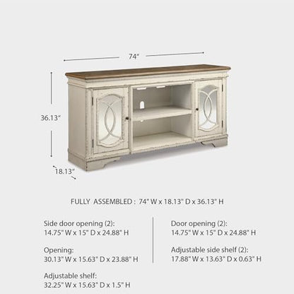 Signature Design by Ashley Realyn 74" Farmhouse TV Stand with Fireplace Option, White Entertainment Center for TVs up to 85", Antiqued Chipped White, Wood, Veneer and Engineered Wood