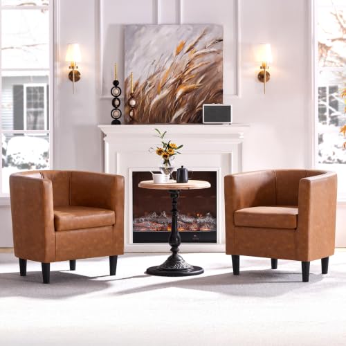 Yaheetech Barrel Accent Chairs Set of 2, Modern Armchairs, Brown | Faux Leather Chair with High-Density Foam Seat, Upholstered Barrel Sofa Chair for Living Room Bedroom Waiting Room
