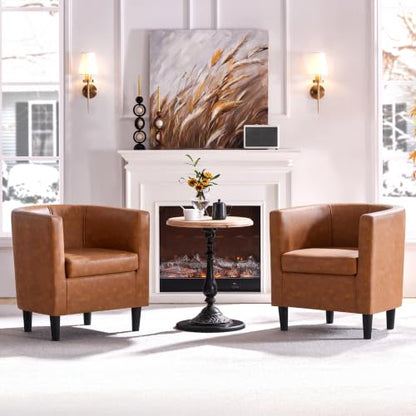 Yaheetech Barrel Accent Chairs Set of 2, Modern Armchairs, Brown | Faux Leather Chair with High-Density Foam Seat, Upholstered Barrel Sofa Chair for Living Room Bedroom Waiting Room