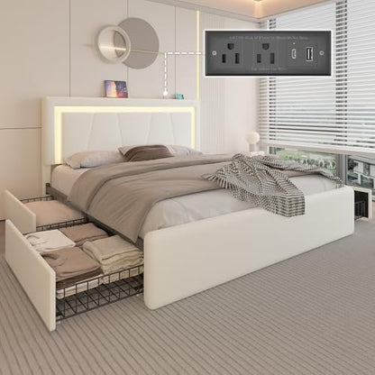 Full Size Bed Frame with 4 Storage Drawers, LED Light, White Upholstered, view 2