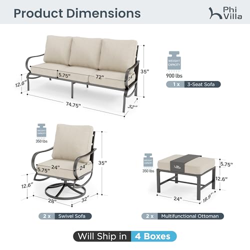 5 Piece Metal Patio Furniture Set with 5.75" Cushion, Modern Outdoor Furniture Set with 3-Seater Deep Seating Sofa, 2 Patio Swivel Chairs & 2 Ottoman, Patio Conversation Sets for Garden Deck