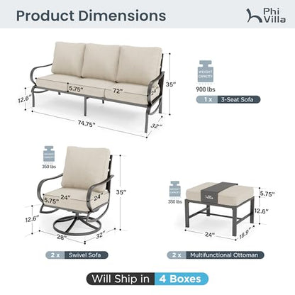 5 Piece Metal Patio Furniture Set with 5.75" Cushion, Modern Outdoor Furniture Set with 3-Seater Deep Seating Sofa, 2 Patio Swivel Chairs & 2 Ottoman, Patio Conversation Sets for Garden Deck