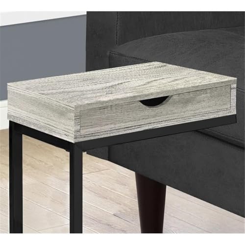 C-Shaped Accent Table with Drawer, Gray Reclaimed Look, 24.5" H x 15.75" W, Driftwood Finish, Sturdy Metal Base, Versatile Furniture for Living Room or Bedroom Use