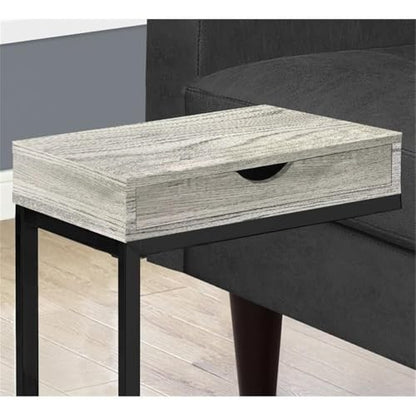 C-Shaped Accent Table with Drawer, Gray Reclaimed Look, 24.5" H x 15.75" W, Driftwood Finish, Sturdy Metal Base, Versatile Furniture for Living Room or Bedroom Use