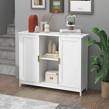 White Buffet Cabinet with Storage,Wooden Narrow Sideboard Entryway Cabinets,Modern White Cabinet with Doors Credenza