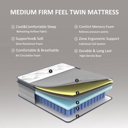 Full Size Mattress, 12 Inch Hybrid Mattress in a Box, Individual Pocket Springs, view 6