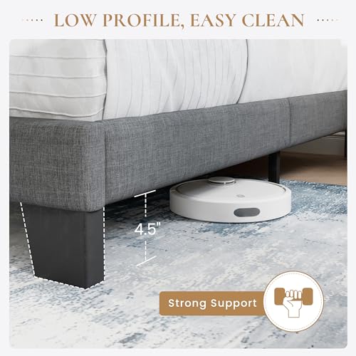 Grey upholstered platform bed frame, view 6