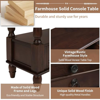 54'' Solid Wood Console Table, Farmhouse Entryway Table with 6 Drawers and Shelf, Narrow Long Sofa Table with Storage for Living Room Hallway, Couch, Foyer (Espresso)