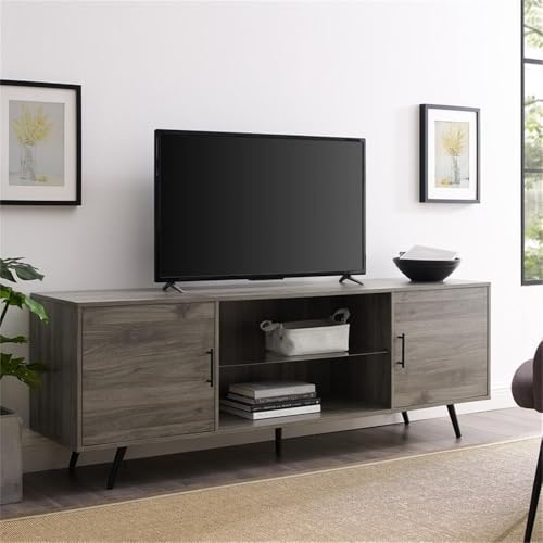 Saxon Mid Century Modern 2 Door Glass Shelf TV Stand for TVs up to 80 Inches, 70 Inch, Grey