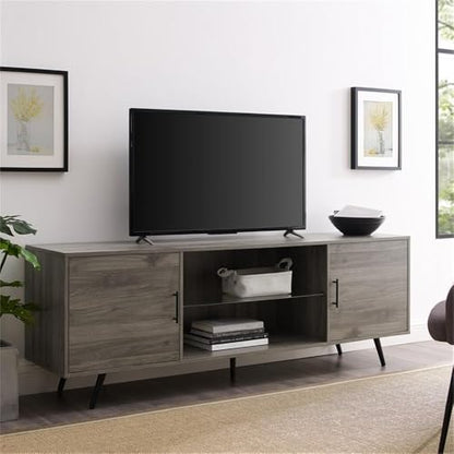 Saxon Mid Century Modern 2 Door Glass Shelf TV Stand for TVs up to 80 Inches, 70 Inch, Grey