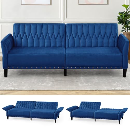 77” Velvet Sofa Bed with Adjustable Armrests and Backrests, Blue | Tufted Convertible Futon Couch with Nailhead Trim, Loveseat Modern Velvet Sleeper Sofa for Living Room,Bedroom,Office