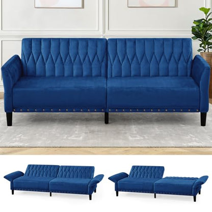 77” Velvet Sofa Bed with Adjustable Armrests and Backrests, Blue | Tufted Convertible Futon Couch with Nailhead Trim, Loveseat Modern Velvet Sleeper Sofa for Living Room,Bedroom,Office
