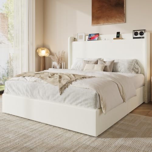 Queen Bed Frame with Chenille Storage Headboard and USB, White, view 4